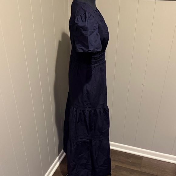 B19 Quince Puff Sleeve Smocked Waist Modest Dark Navy Blue Maxi Dress - Picture 3 of 7